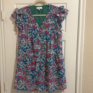 Colorful Floral Ruffle Sleeve Dress